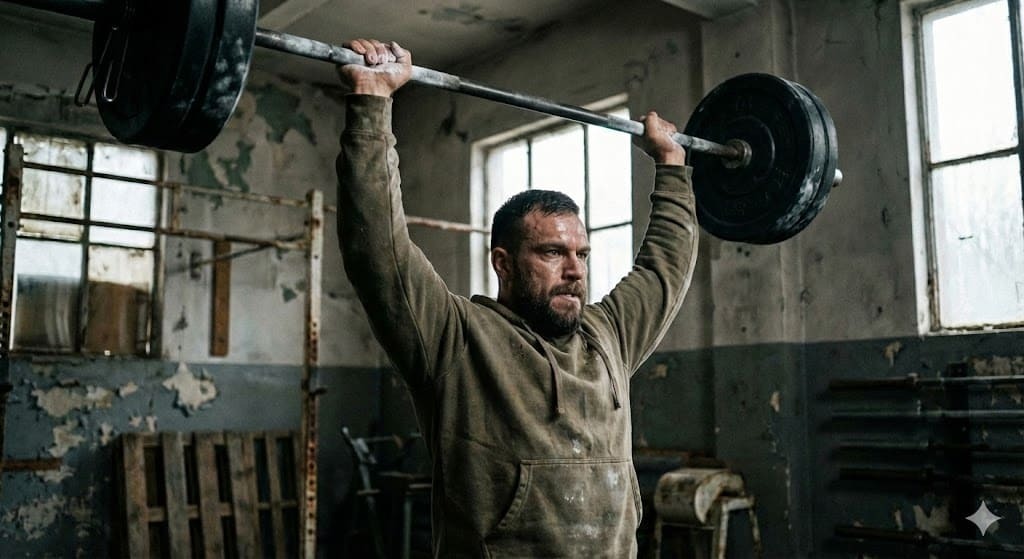 Two lifters discussing charts and weights