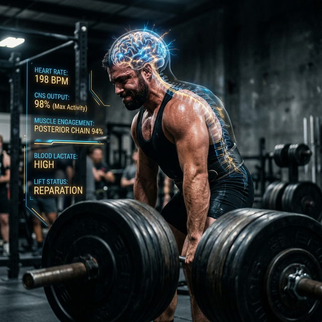 A cinematic visualization of neural engagement during a heavy deadlift, showing brain activity and glowing neural pathways