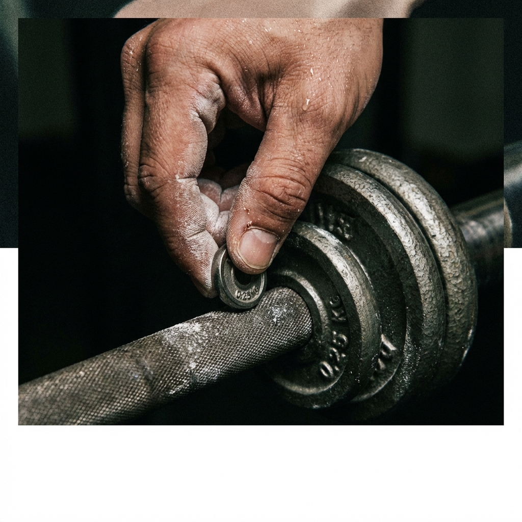 Close up of adding a fractional plate to a barbell symbolizing progressive overload