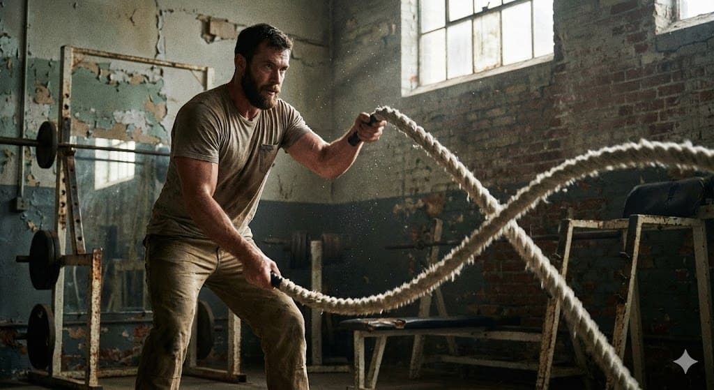 Bodybuilder performing heavy weighted dips