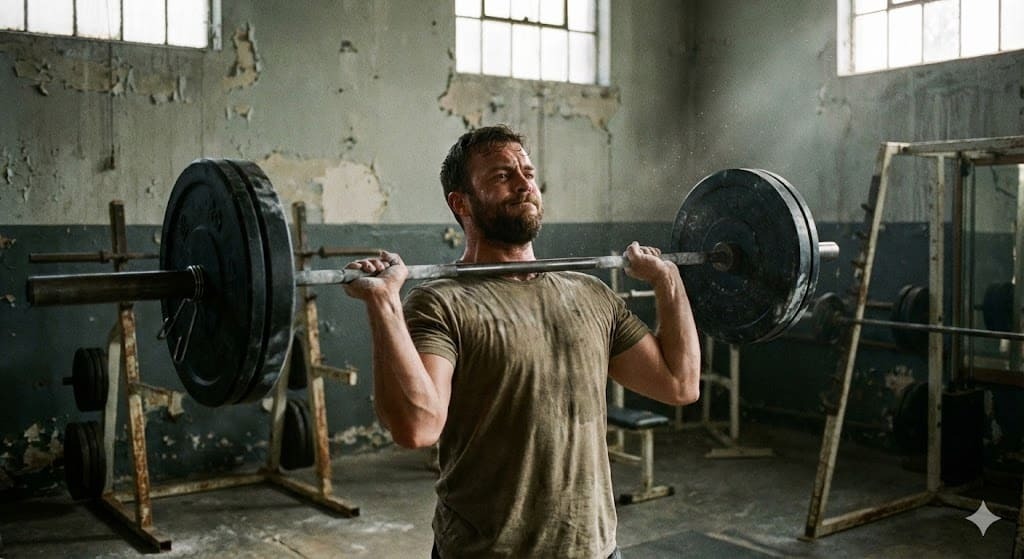 An athlete in the bottom receiving position of a heavy barbell snatch, showing incredible mobility and power.